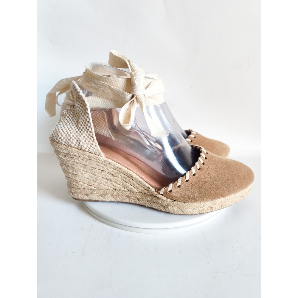 Picon Espadrille Wedge Sandals 9 Closed Toe Tan Neutral Suede Lace Up Boho Wrap